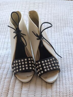 Women’s Creamy White and Black Open-Toe Ankle Tie Heels